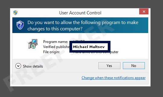 Screenshot where Michael Maltsev appears as the verified publisher in the UAC dialog